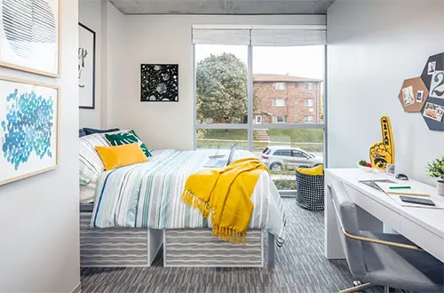 Student apartment bathroom at Rise at Riverfront Crossings