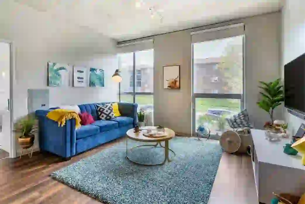 Large living room window in student apartment