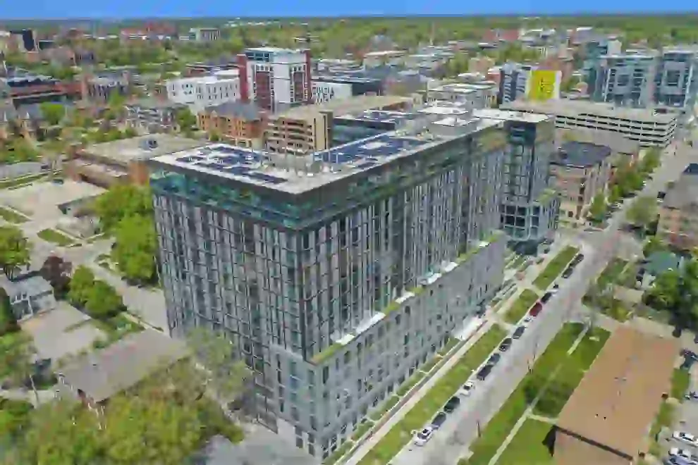 Aerial view of Rise, showing rooftop solar panels