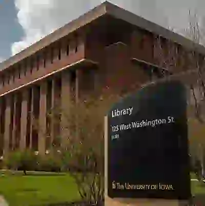 The University of Iowa Main Library sign and exterior