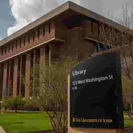 The University of Iowa Main Library sign and exterior
